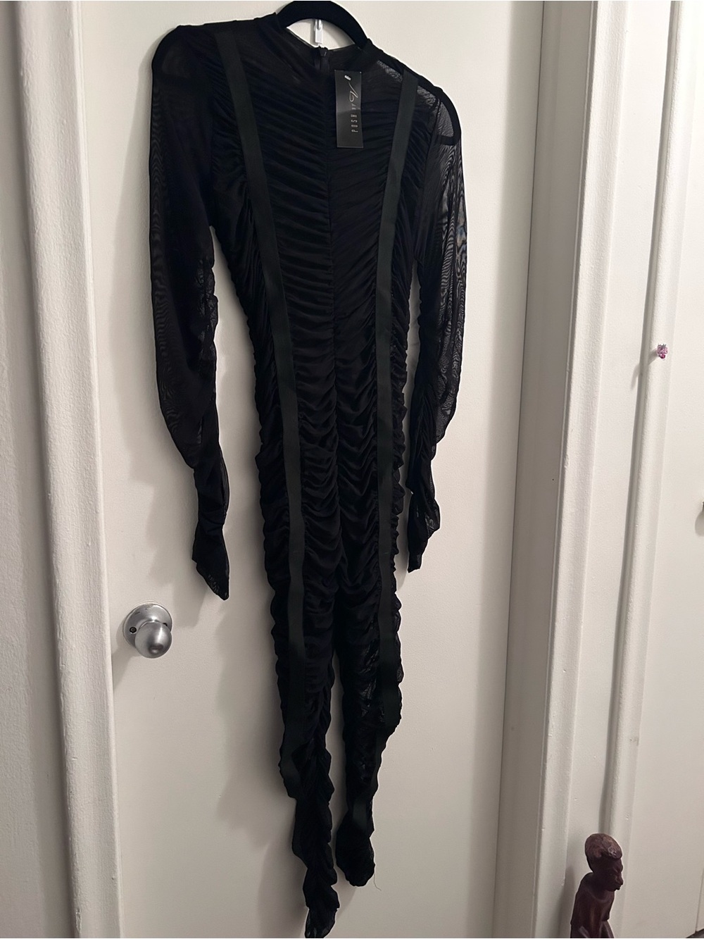 Posh Black Long-Sleeve Ruched Sheer jumpsuit